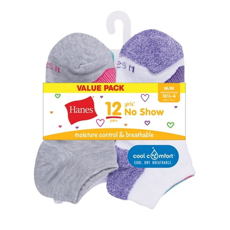 Hanes Cool Comfort No Show Socks, 12 Pack (Little Girls & Big Girls)
