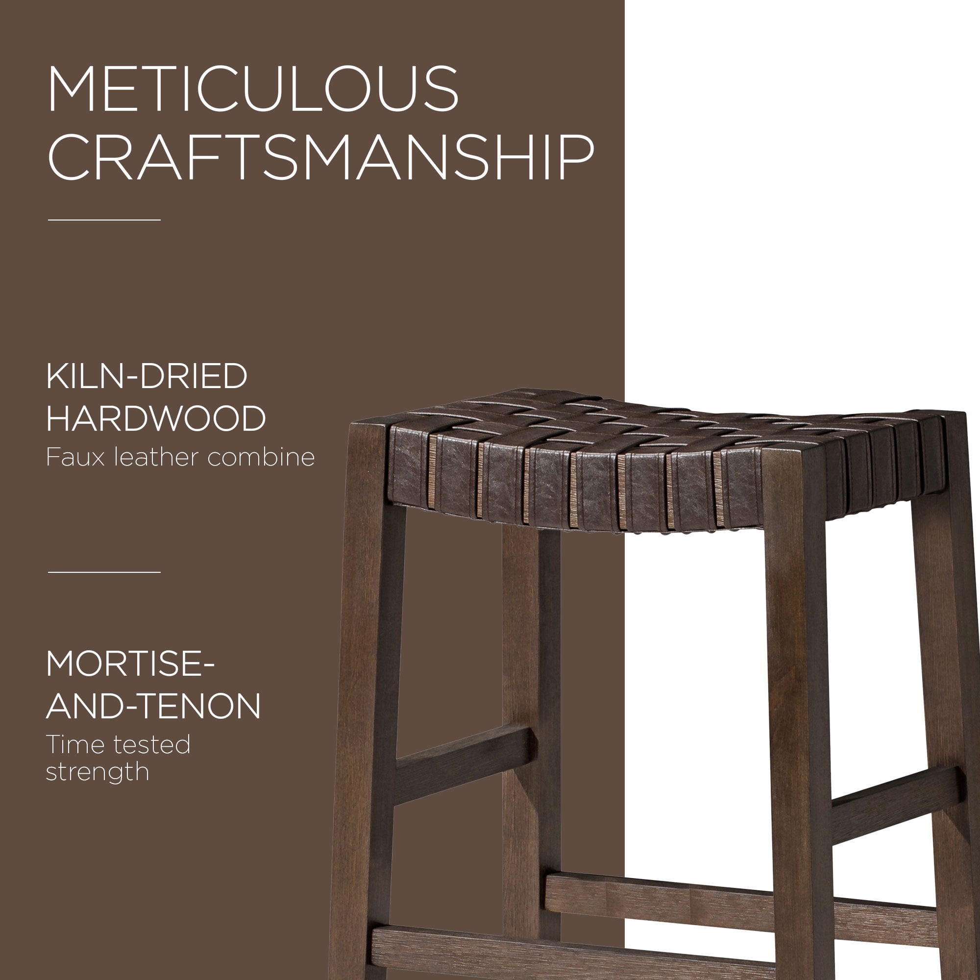 Maven Lane 31" Emerson Bar Height Stool - Weathered Brown Wood Finish & Marksman Saddle Vegan Leather Bar Stools - Artisan Backless Design Brings Rustic Elegance to Your Kitchen, Dining Area