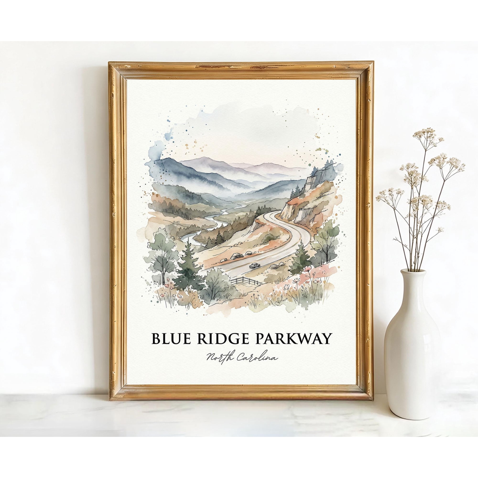 Blue Ridge Parkway North Carolina Winding Mountain Road Art Or Poster Ink Watercolor Sketch Decor Living Room Entryway Wall Art, Poster Only