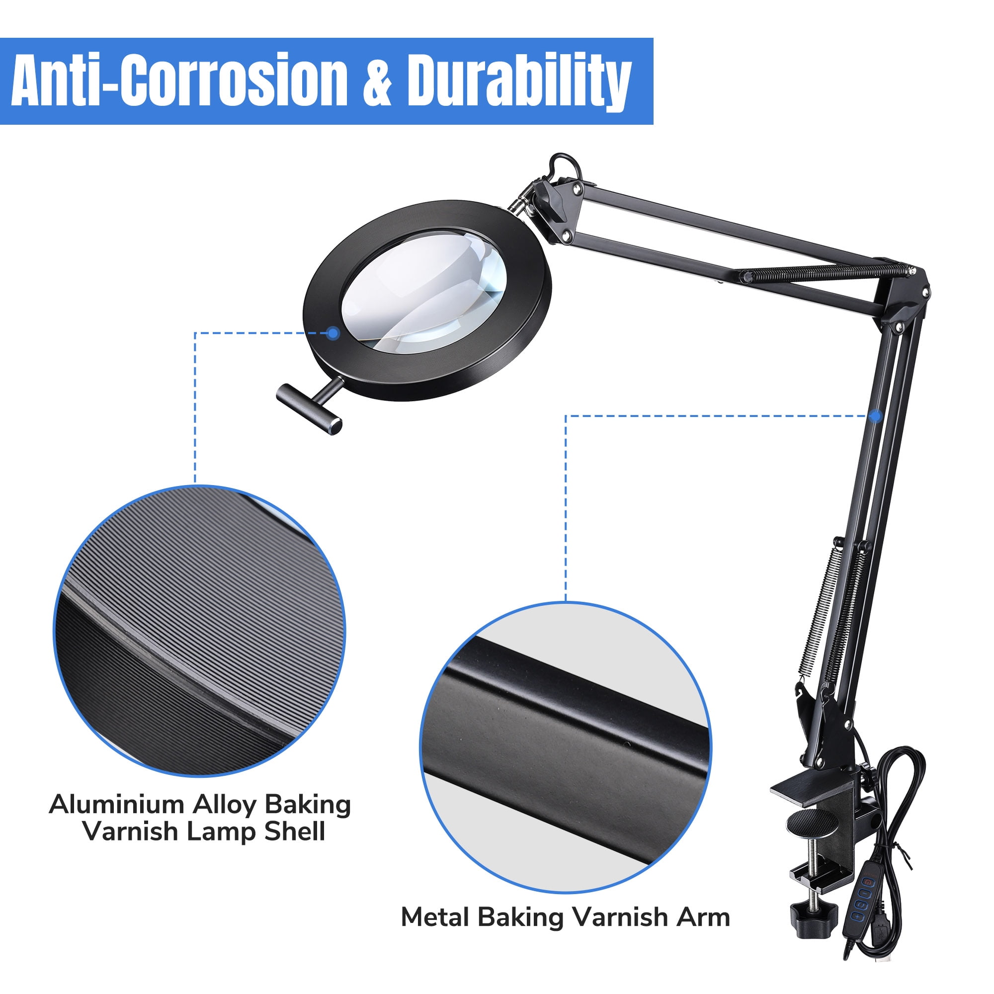 AIHG 5X LED Magnifying Glass Desk Lamp with Clamp, USB Powered Magnifier Lamp with 3 Color Modes and 10 Brightness, Adjustable Metal Swivel Arm Lamp