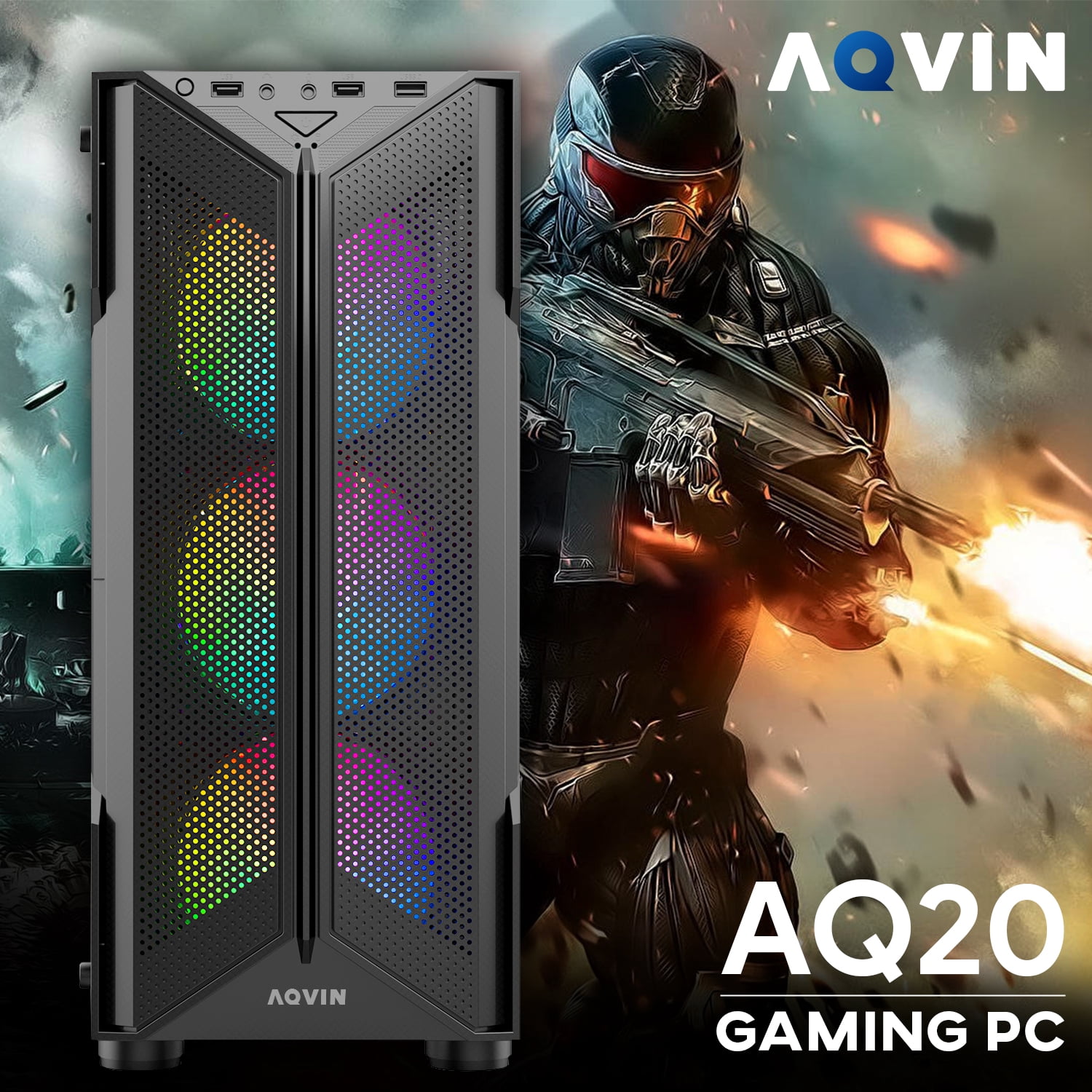 AQVIN AQ20 Gaming PC Desktop, Intel Core i7, 32GB RAM, 1TB SSD, Multicolor