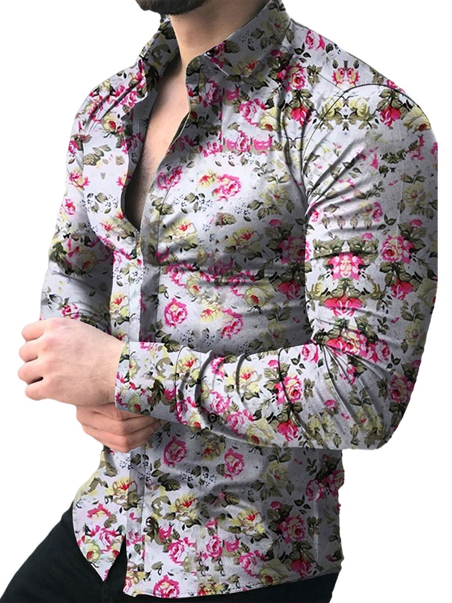 Men's Floral Casual Shirt Flower Printed Long Sleeve Party Holiday Dress Shirts 