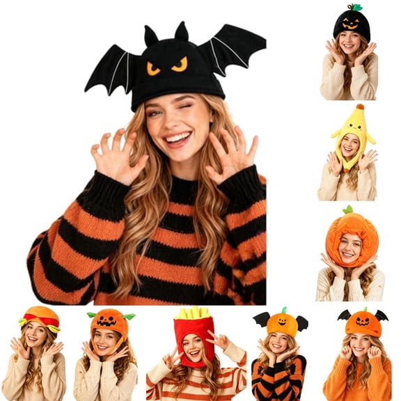 WHEANG Halloween Hats for Women Men Halloween Round Bat Pumpkin Head Cover Hat Cosplay Headwear Dress Costume Accessory for Trick or Treat Events One Size Color Orange