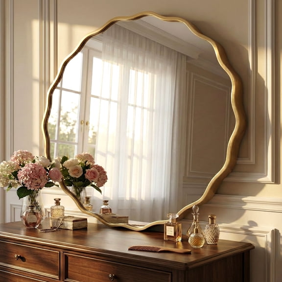 Fahomiss 32" Large Round Mirror, Gold Wall Mirror with Wavy Frame for Bathroom Vanity