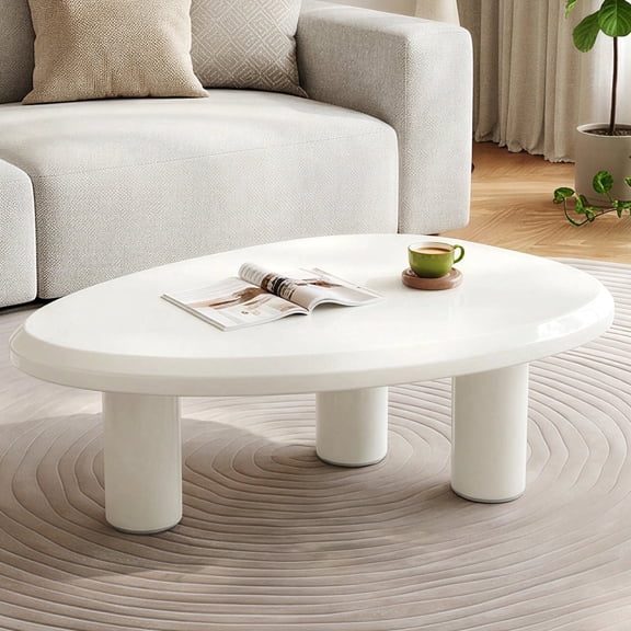 Modern Cloud Coffee Table with Thickened Rounded Tabletop, Low Oval Tea Table with 3 Robust Stable Legs for Living Room and Small Spaces, Cream White