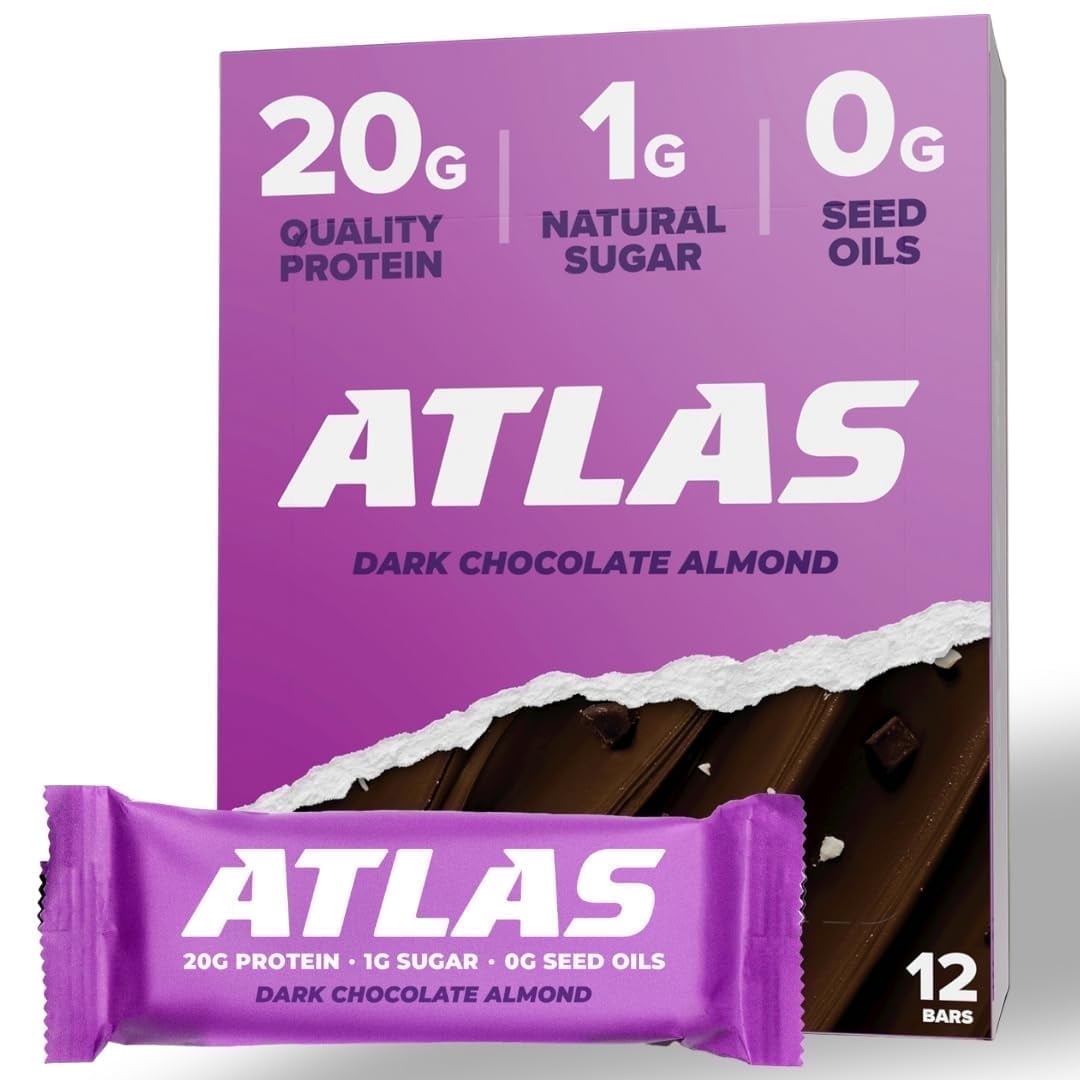 Atlas Protein Bar, Dark Chocolate Almond, 20g Protein, 1g Sugar, 0g Seed Oil, 12-Pack