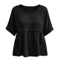 thumbnail image 4 of QUNYINEY Cotton Linen Womens Summer T Shirts Black Short Sleeve Tops Crew Neck Loose Fit Pleated Casual Pullover Shirts, 4 of 6