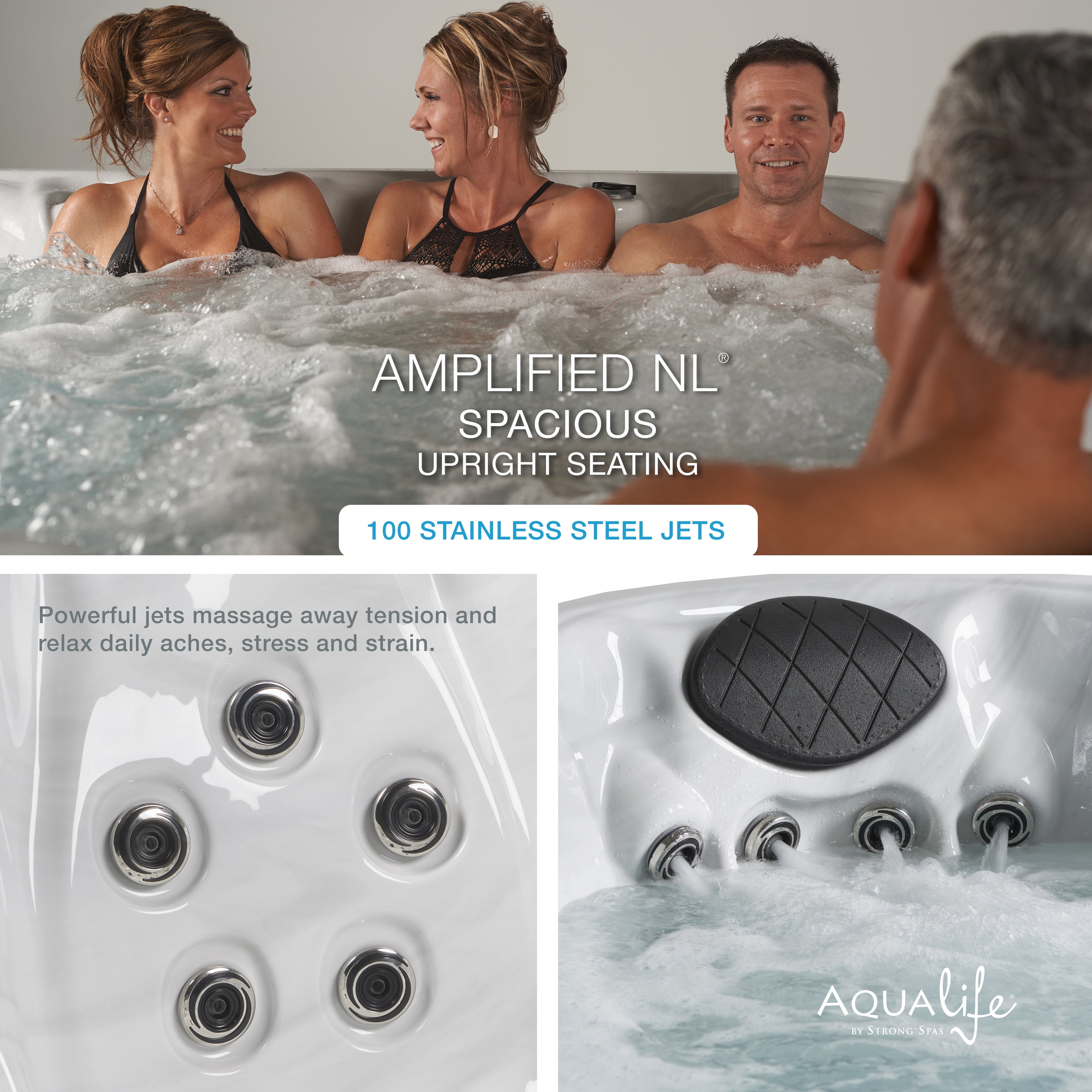 Amplified 100-Jets 7-Person Non-Lounger Spa w/Bluetooth Stereo, 3 Pumps by Aqualife by Strong Spas