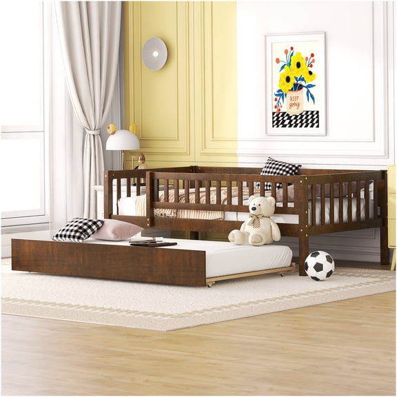 Twin Size Daybed with Trundle and Guard Rails, Space Saving Wood Bed Frame for Guest Room, Walnut Finish