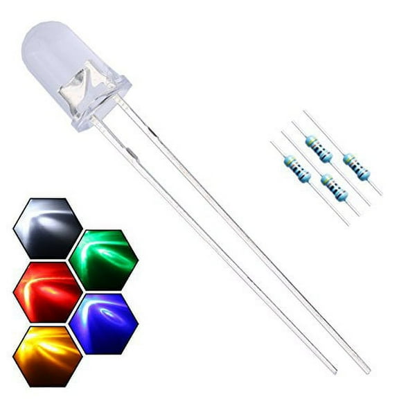 EDGELEC 100pcs 5mm 5 Colors x 20pcs Assorted Colors Lights LED Diodes Clear Round Lens 29mm Long Lead  200pcs Resistors (for DC 6-12V) Included,Bulb Lamps Light Emitting Diode