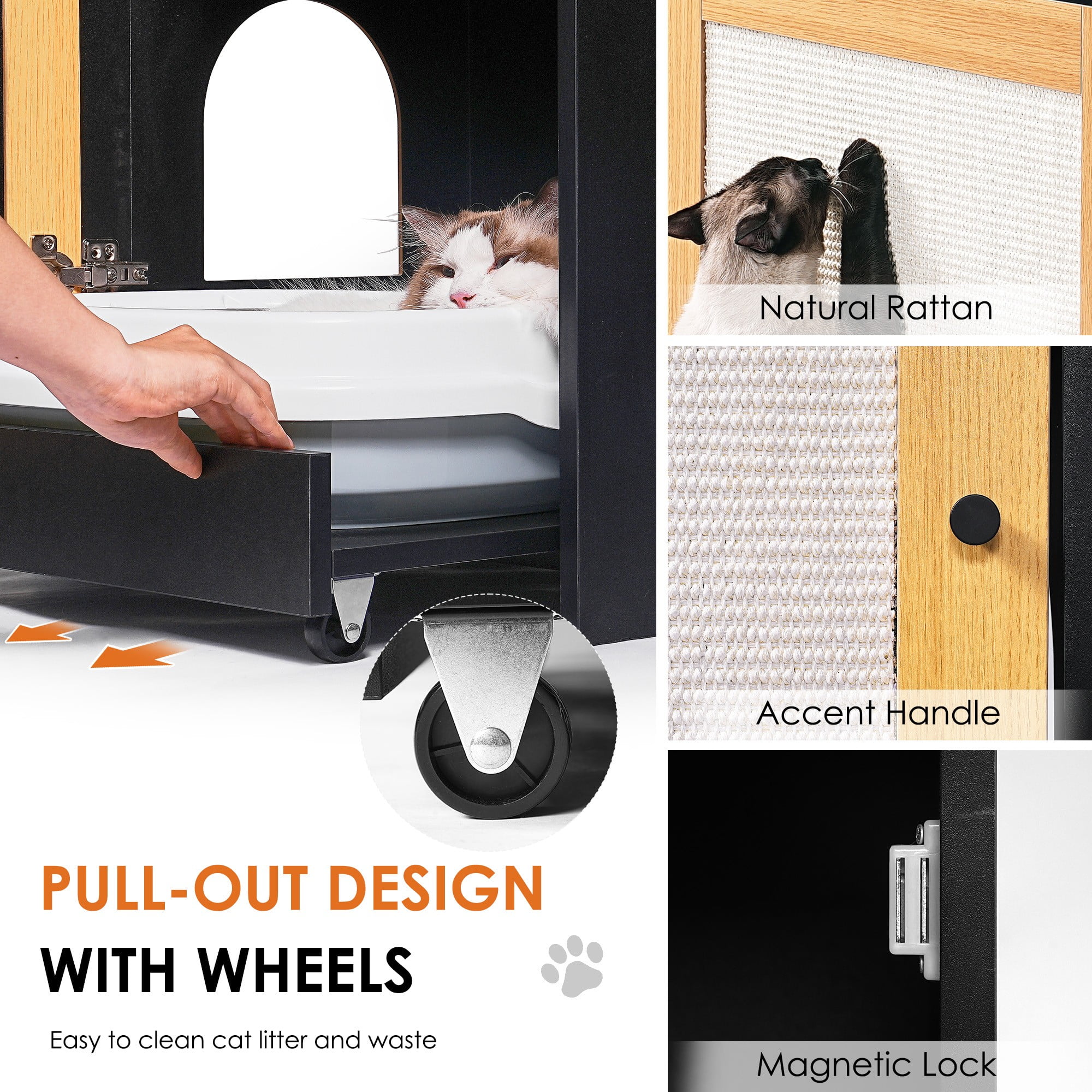 Kadyn 31" Cat Litter Box Enclosure with Sisal Door, Cat House Washroom, Easy-Clean and Stylish Hidden Litter Box Furniture, Black