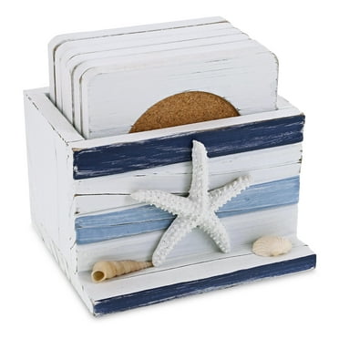 CoTa Global Blue Stripes Nautical Wooden Coaster Set - Table Top Centerpiece Coastal Decor for Kitchen, Home, Beach House, Rustic Decorative 6 Coasters Set with Holder - Handmade Color May Vary