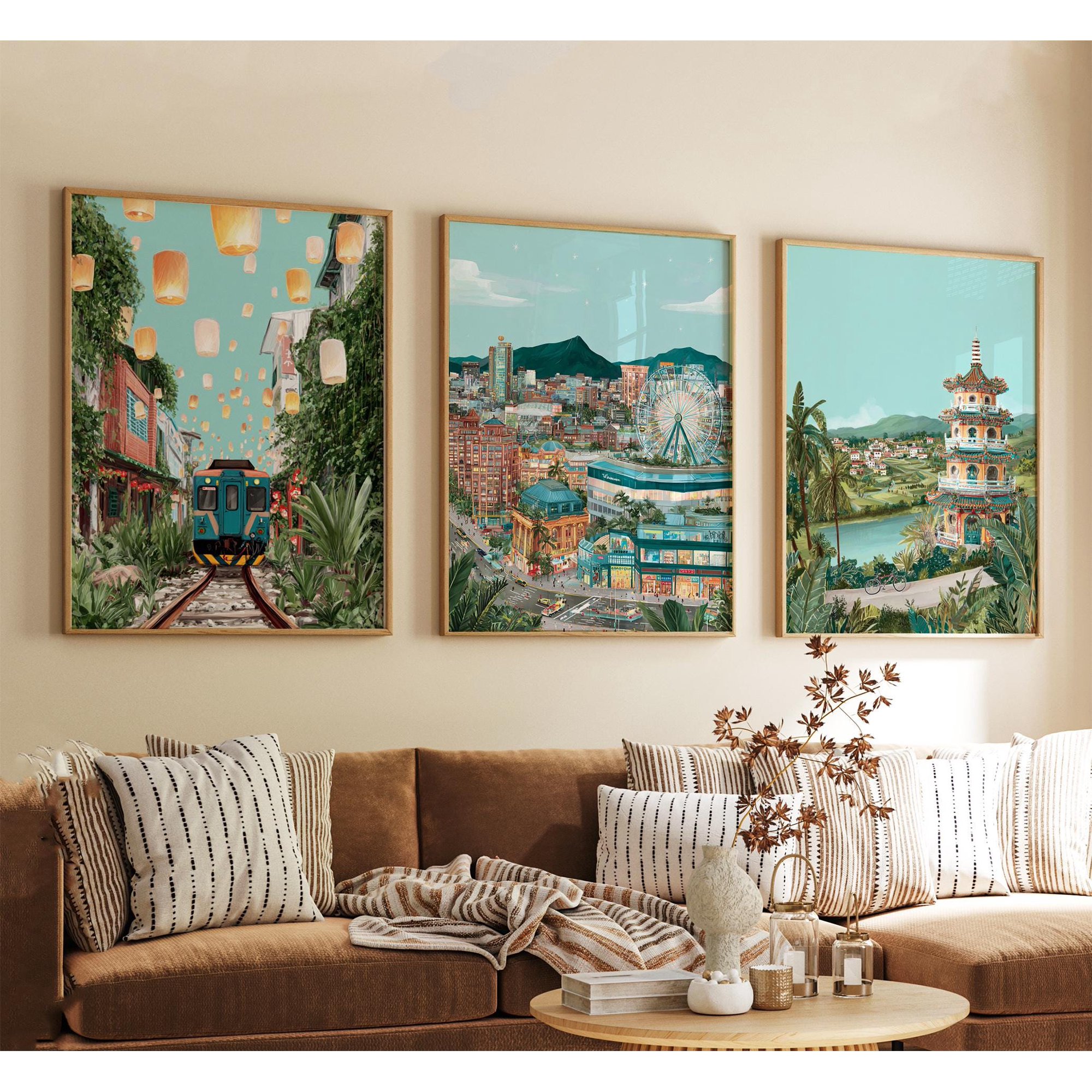 Taipei Taiwan Poster Vintage Travel Illustration Retro Skyline Cityscape Wall Art Prints Set 3