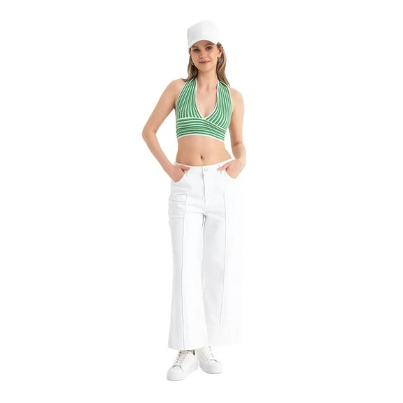 Striped Deep V Neck Halter Backless Crop Top