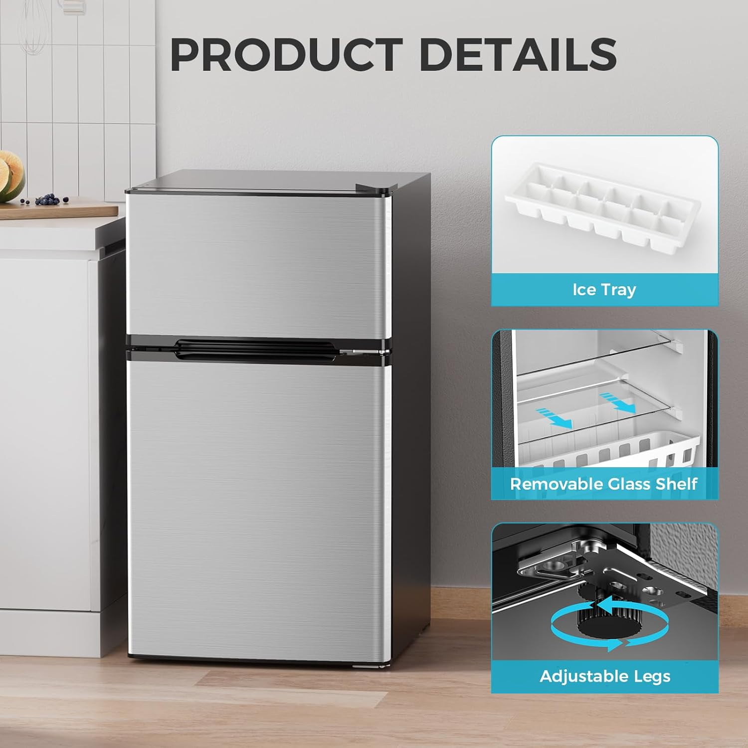 WAA 3.2 Cu.Ft Silver Mini Fridge with Freezer,Adjustable Thermostat Ideal for Bedroom,Dorm,Office,Bar & RV