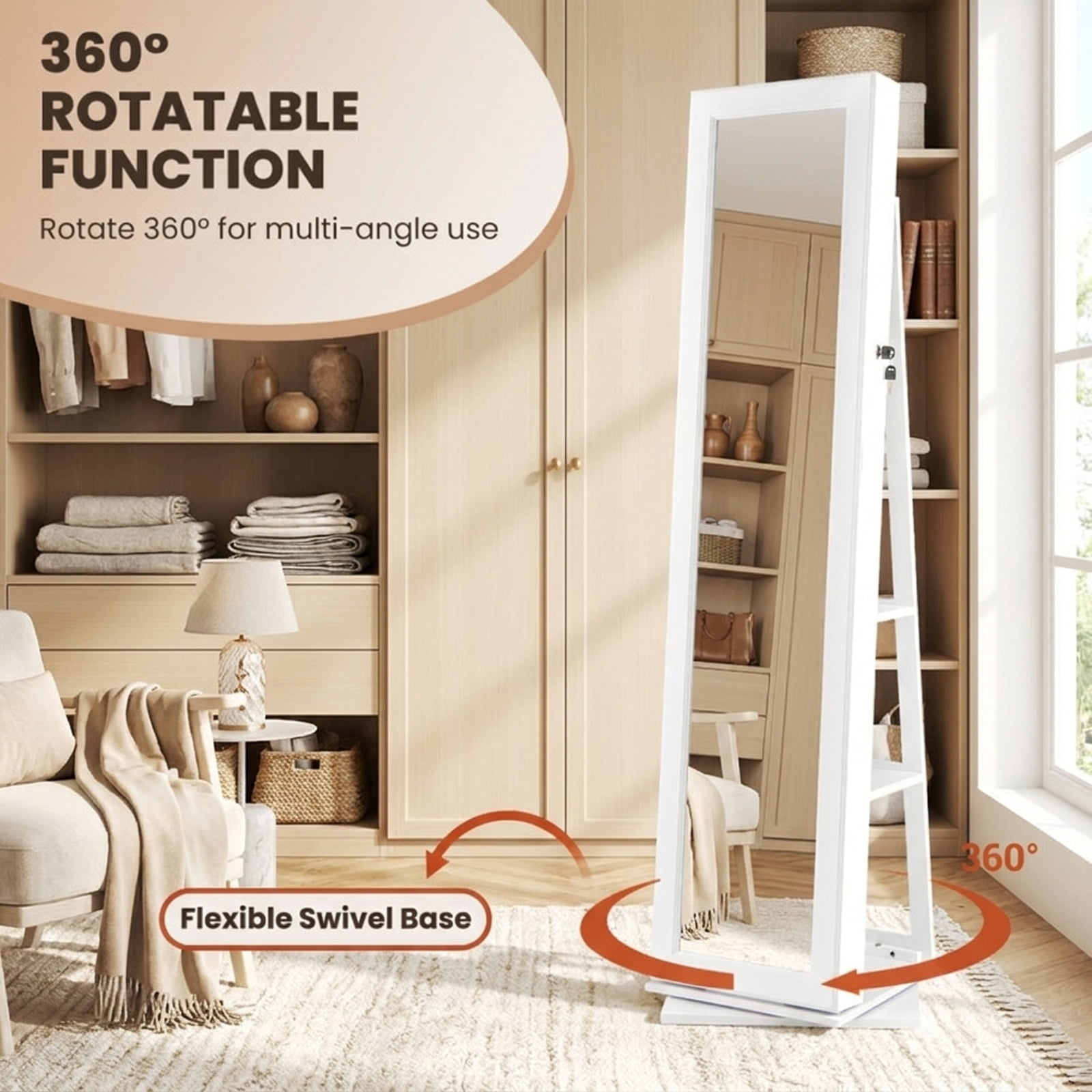 Furnibear 360° Swivel Jewelry Armoire Standing Jewelry Organizer with Full Length Mirror and Back Shelves for Bedroom Dressing Room Jewelry, White