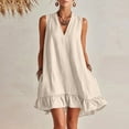 thumbnail image 2 of Yangnuo Women's Linen Blend Sleeveless V-Neck Ruffle Hem Mini Dress with Pockets Ladies Fashion Casual Loose Fit Solid Color Swing Dress, 2 of 5