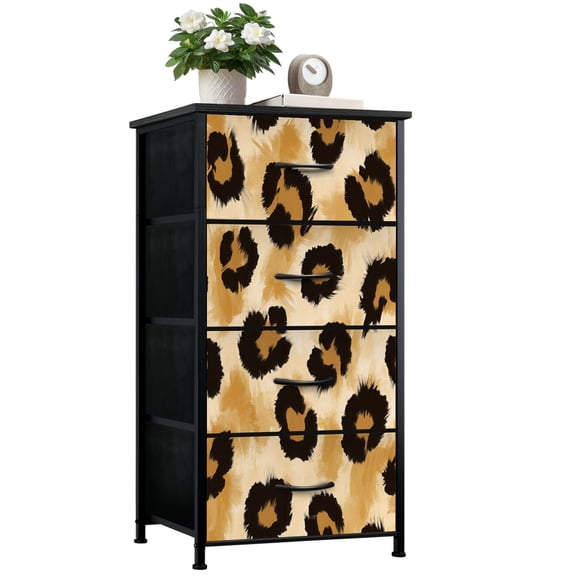 Dresser for Bedroom with 4 Storage Drawers Seamless Hand Drawn Abstract Watercolor Leopard Floral Dye Dressers Chest of Drawers Steel Framed Fabric Closet Organizers for Entryway