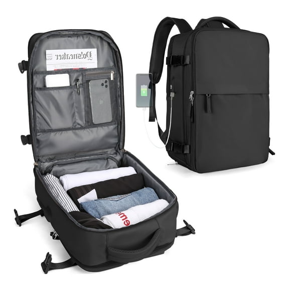 Black Backpack for Women Men, Airline Approved Carry On Backpack for Everydayon Airplane,Small Laptop Backpack with Shoe Compartment Hiking Waterproof Casual Daypack Large School Bag