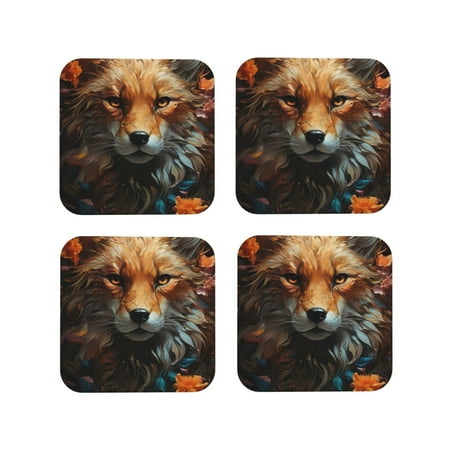 

Tebeau Floral Fox Print Set of 4 Leather Drink Coasters Round Cup Mat Pad for Home and Kitchen Use 4 -Square