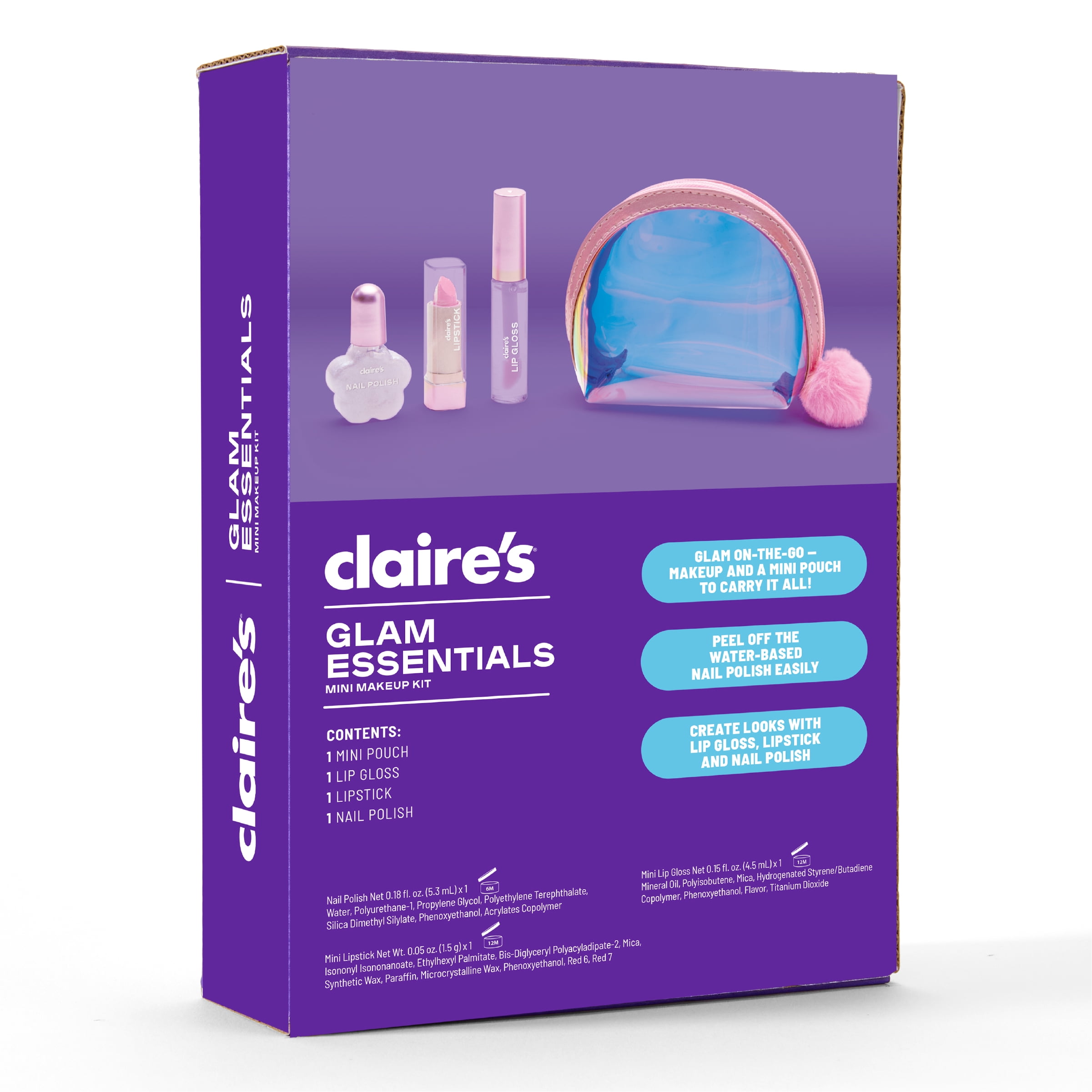 Claire's Glam Essentials Kids Makeup Kit, 4-Piece Real Cosmetic Set with Mini Pouch, Lip Gloss, Lipstick & Nail Polish, Pretend Play Make Up for Kids Ages 6+