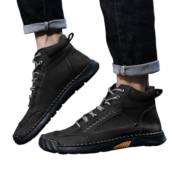Mens Vintage Stitching Combat Walking Boots Wide Width Leather Protective Toe Non Slip Casual Ankle Booties Black Size 9.5