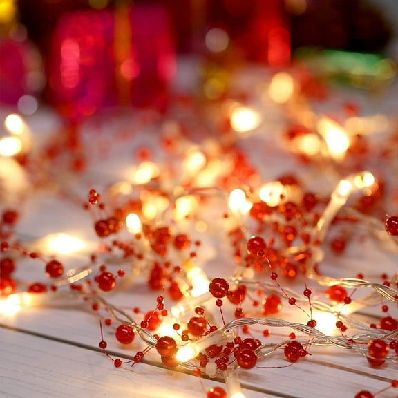 Janrevotw 10-Foot Christmas White Pearl String Lights 30 Led Glowing Berry Bead Garland Holiday Indoor Christmas Decor Bedroom Warm Light Mantle Wedding Party Decor Battery-Powered (Gold)