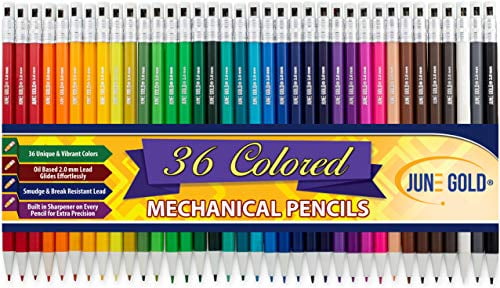 June Gold 36 Assorted Colored 2.0 mm Mechanical Pencils, Bold Thickness, 36 Unique Colors, Built in Sharpeners
