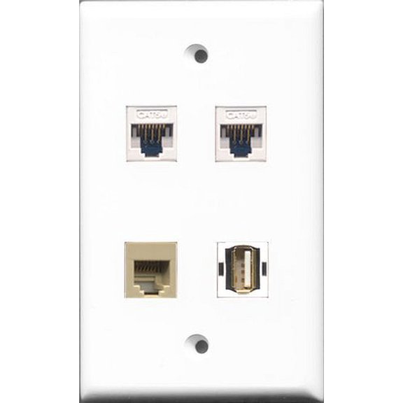 RiteAV - 1 Port USB A-A and 1 Port Phone RJ11 RJ12 Beige 2 Port Cat5e Ethernet White Wall Plate