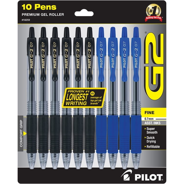 Bolígrafos de gel PILOT G2 punta fina 0,7 mm paquete de 10 negro y azul