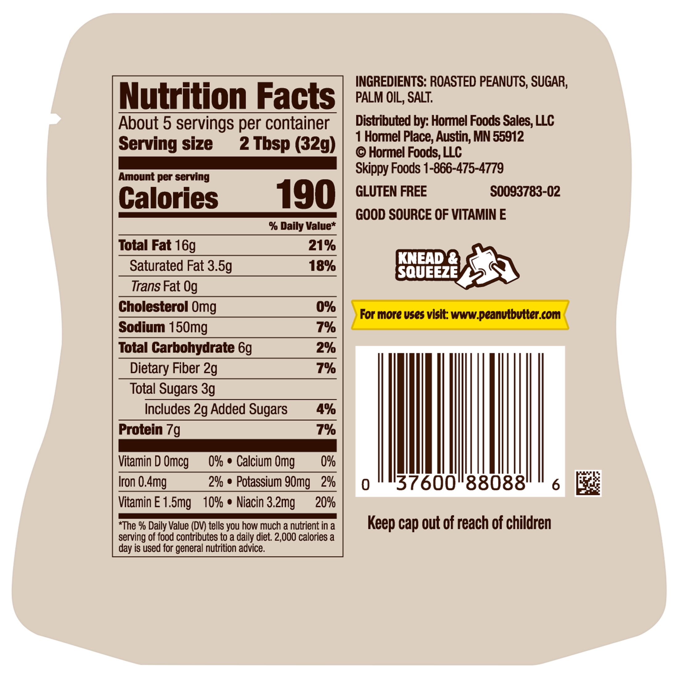 (6 pack) SKIPPY Natural Creamy Peanut Butter Spread, 7g Protein per serving, Shelf-Stable, 6 oz Plastic Package