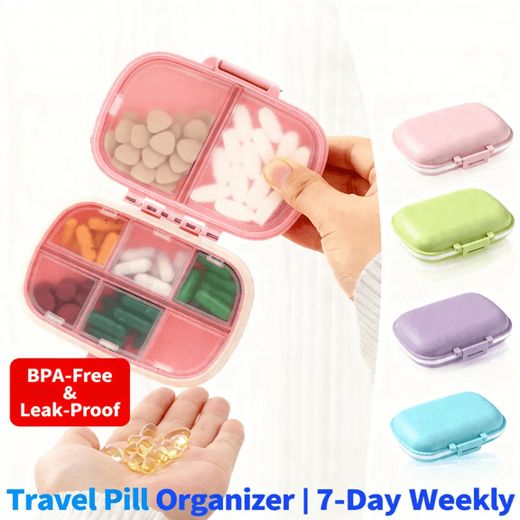 Lksixu Travel Pill Organizer 1 Pack 8 Compartments Daily Case Small Box For Pocket Purse Portable Container Organizer (4.33脳3.34脳1.18 in)