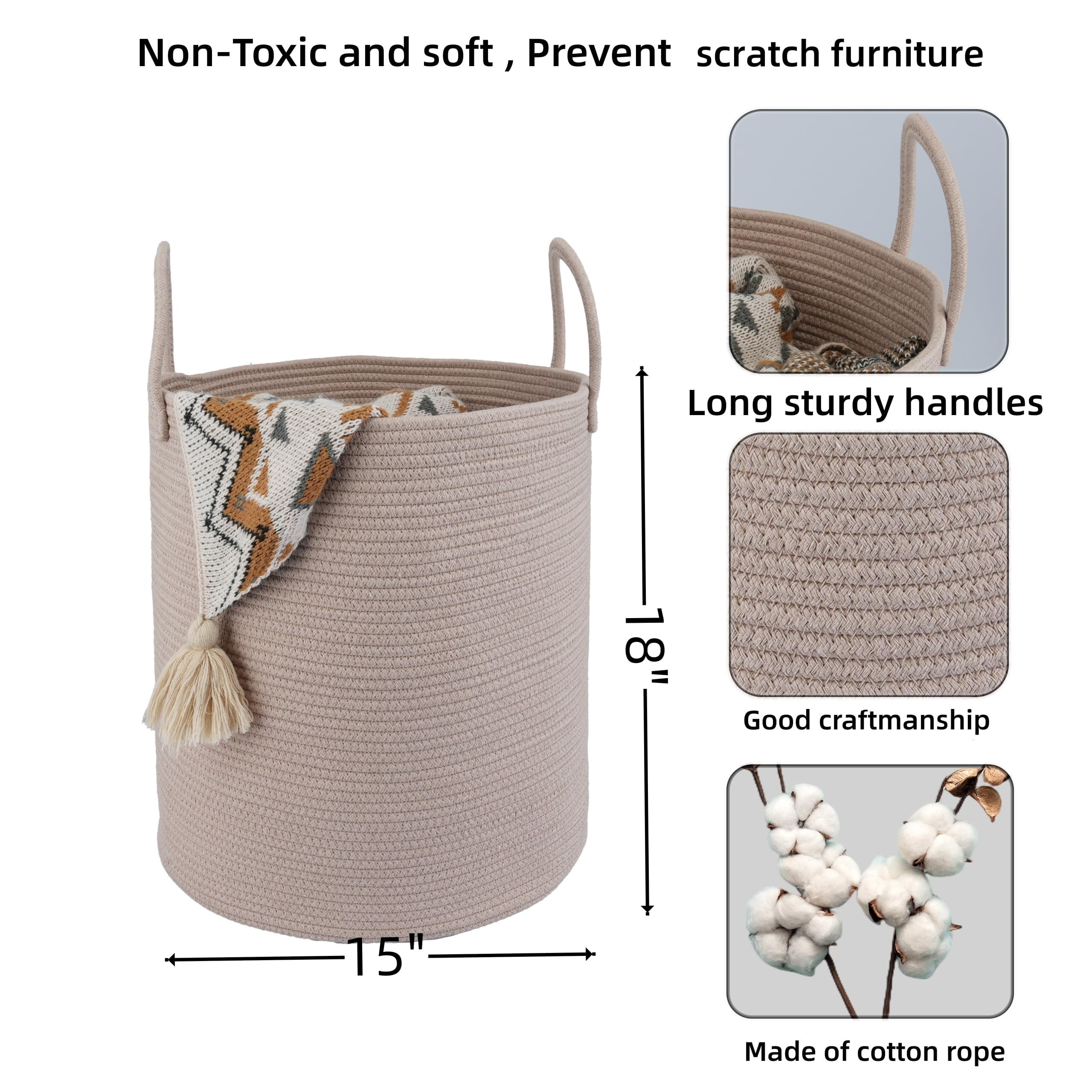 DIY.   STORE Cotton Rope Laundry Basket Hamper, Boho Rope Woven Basket for Storaging Toys, Clothes, Towels, Blankets, Throw Pillows
