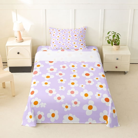 Homewish Purple Flower Twin Sheets,Cute Cartoon Themed Bedding,3 Pieces,1 Fitted Sheet and 1 Pillowcase