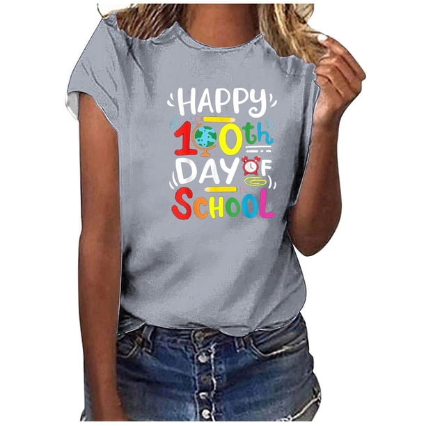 Camiseta de Profesor de Mujeres, 100 Días Feliz de la Escuela Imprimir Carta de Manga Corta para el Uso Casual Y de Fiesta, la Enseñanza Tee de Moda Temática