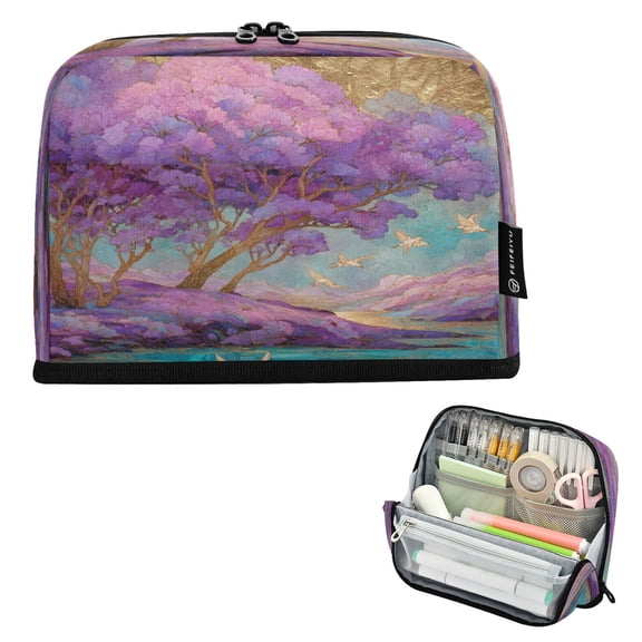 Standing Pencil Case with Base Large Capacity Stationery Pouch Pen Bag with Zipper for Women Men Purple Trees