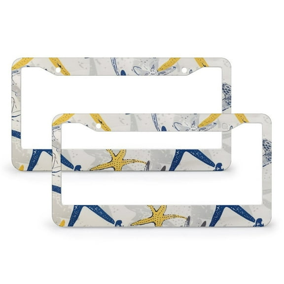 2 Pcs Set Blue, Yellow And Gray Starfish License Plate Cover Coastal Starfish Car Front License Plate Frame Aluminum 2 Hole Fits All Car
