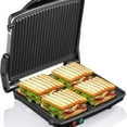 thumbnail image 5 of Panini Press Grill, Gourmet Sandwich Maker Non-Stick Coated Plates 11" x 9.8", Opens 180 Degrees to Fit Type or Size of Food, Stainless Steel Surface and Removable Drip Tray, 4 Slice, 5 of 5