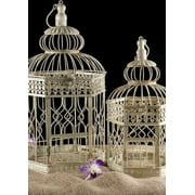 Cream Hexagon Wedding Bird Cages (Set of 2) Largest Cage: 18in. Tall & 10-1/2in. Wide/ Smaller Birdcage: 13-1/2in. Tall & 8in. Wide/ Painted Metal With Latched & Hinged Doors