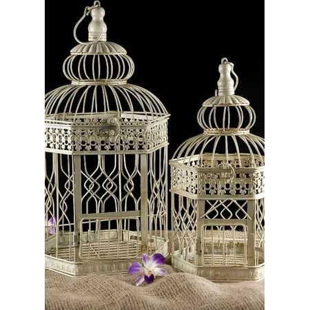 Cream Hexagon Wedding Bird Cages (Set of 2) Largest Cage: 18in. Tall & 10-1/2in. Wide/ Smaller Birdcage: 13-1/2in. Tall & 8in. Wide/ Painted Metal With Latched & Hinged Doors