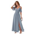 thumbnail image 1 of Vestido de dama de honor Stylefun Chifon con hombros descubiertos, azul empolvado, 1 of 7