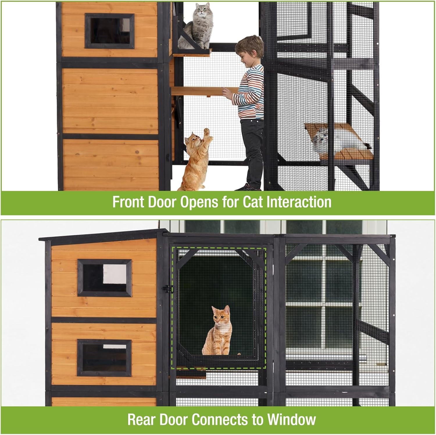 MEDEHOO Large Catio Outdoor Cat Enclosure, 77 Inch Weatherproof Cat House with Connectable Window Box, 4-Tier Wooden Cat Cage with Multi-Level Platforms & Resting Areas (Brown)
