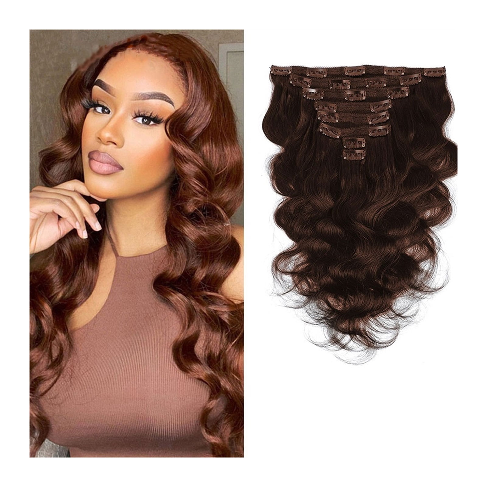 8Pcs 20 Clips Wavy Curly Full Head Clip in on Double Weft Hair Extensions Human Hair for Women - Thick Wavy Hairpieces, Soft Hair & Blends Well Hair Extensions, Brown Color
