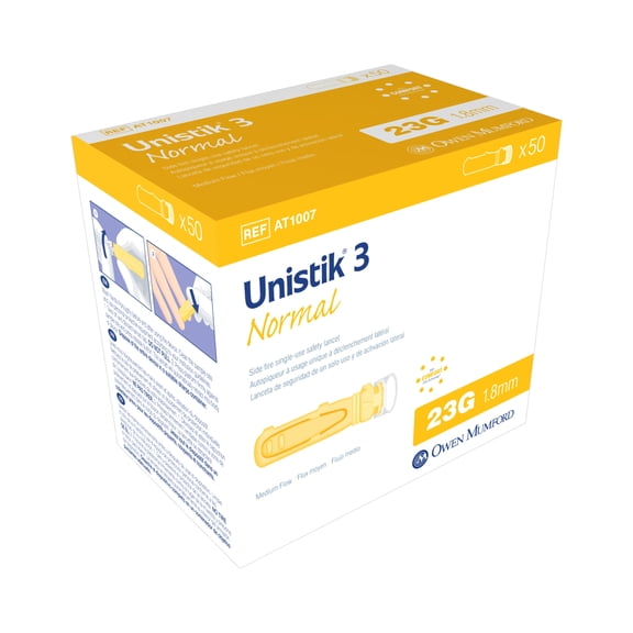 Unistik 3 Medium Flow Safety Lancet 23 Gauge Needle 1.8 mm Depth 1 Box(s), 50 /Box