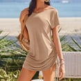 thumbnail image 4 of ZZwxWA Summer Dresses for Women 2025 Side Drawstring Ruched Bodycon Mini Dress Short Sleeve Knit Crewneck Beach Sundress Evening Cocktail Party, 4 of 6