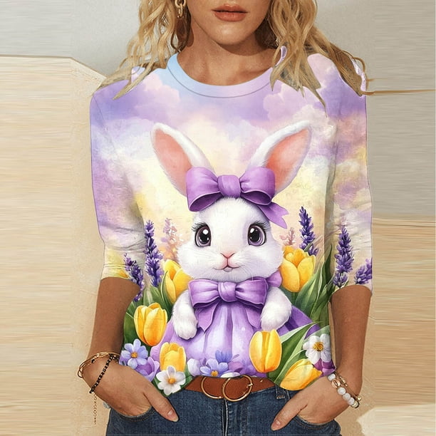 TaTaai Women's Easter Printed Pullover Top Round Neck 3/4 Sleeve Loose Fit Casual Holiday Spring Festival T-Shirt Everyday Blouse Gift