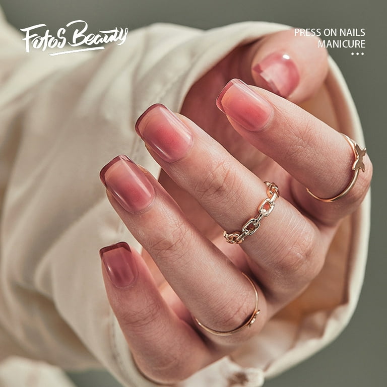 Fofosbeauty 24 pcs Short False Nails, Press-on Nails Designs 2023, Square  Nude Stones Cappuccino