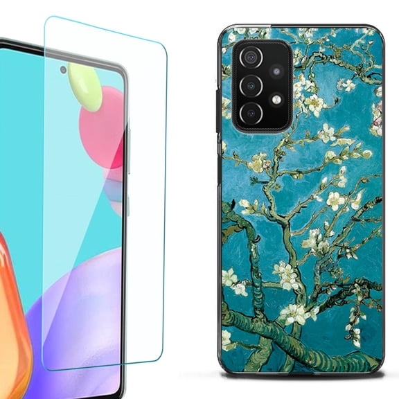 Slim-Fit Flexible TPU Gel Phone Case (black) for Samsung Galaxy A52 5G, with Tempered Glass Screen Protector, by OneToughShield ® - Almond Blossom