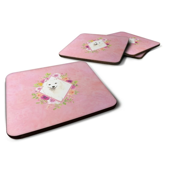 Carolines Treasures CK4229FC Japanese Spitz Pink Flowers Foam Coaster Set of 4 3 1/2 x 3 1/2 multicolor