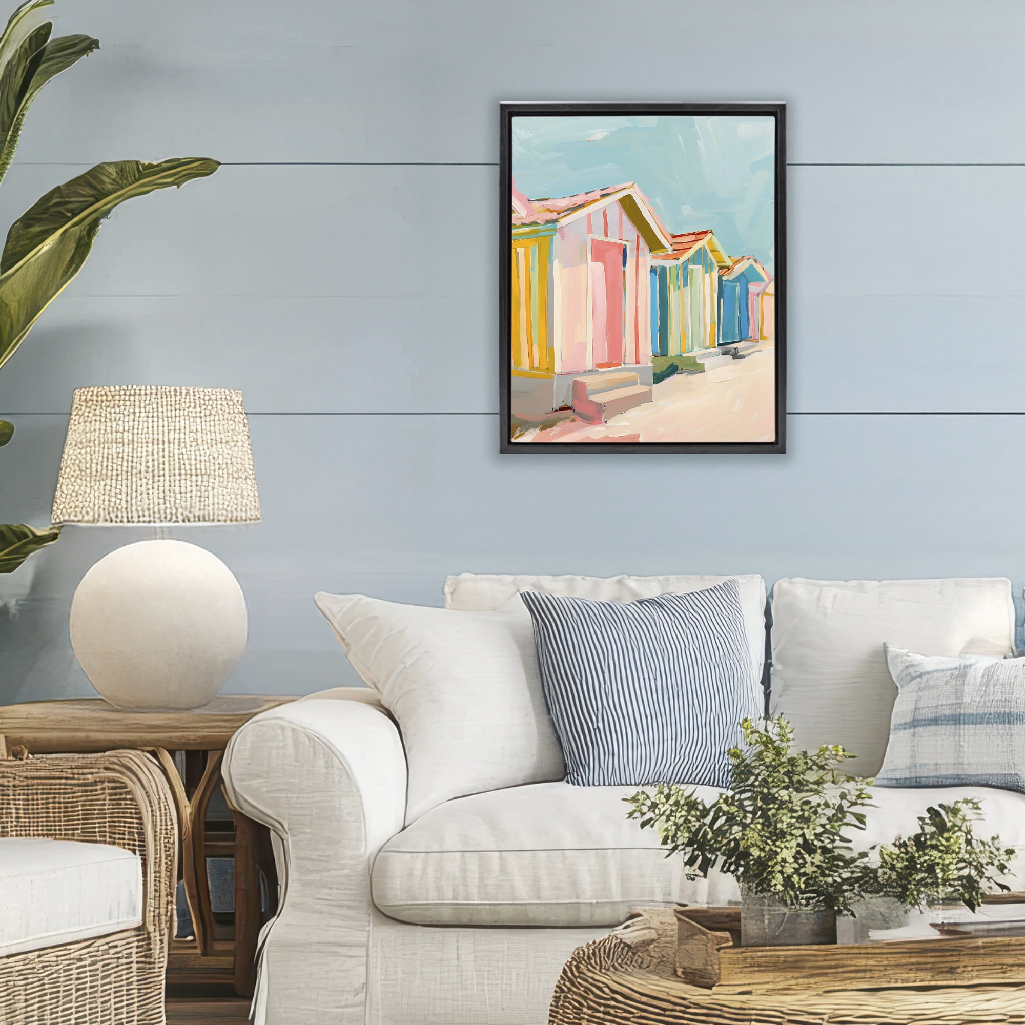 Stupell Industries Striped Beach Bungalows Black Framed Floater Canvas Wall Art, design by The Prints Vibe